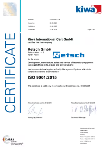 Retsch ISO 9001:2015 Certificate