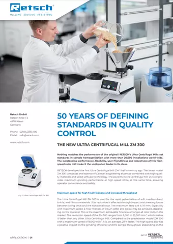 50 Years of Defining Standards in Quality Control: New Ultra Centrifugal Mill ZM 300